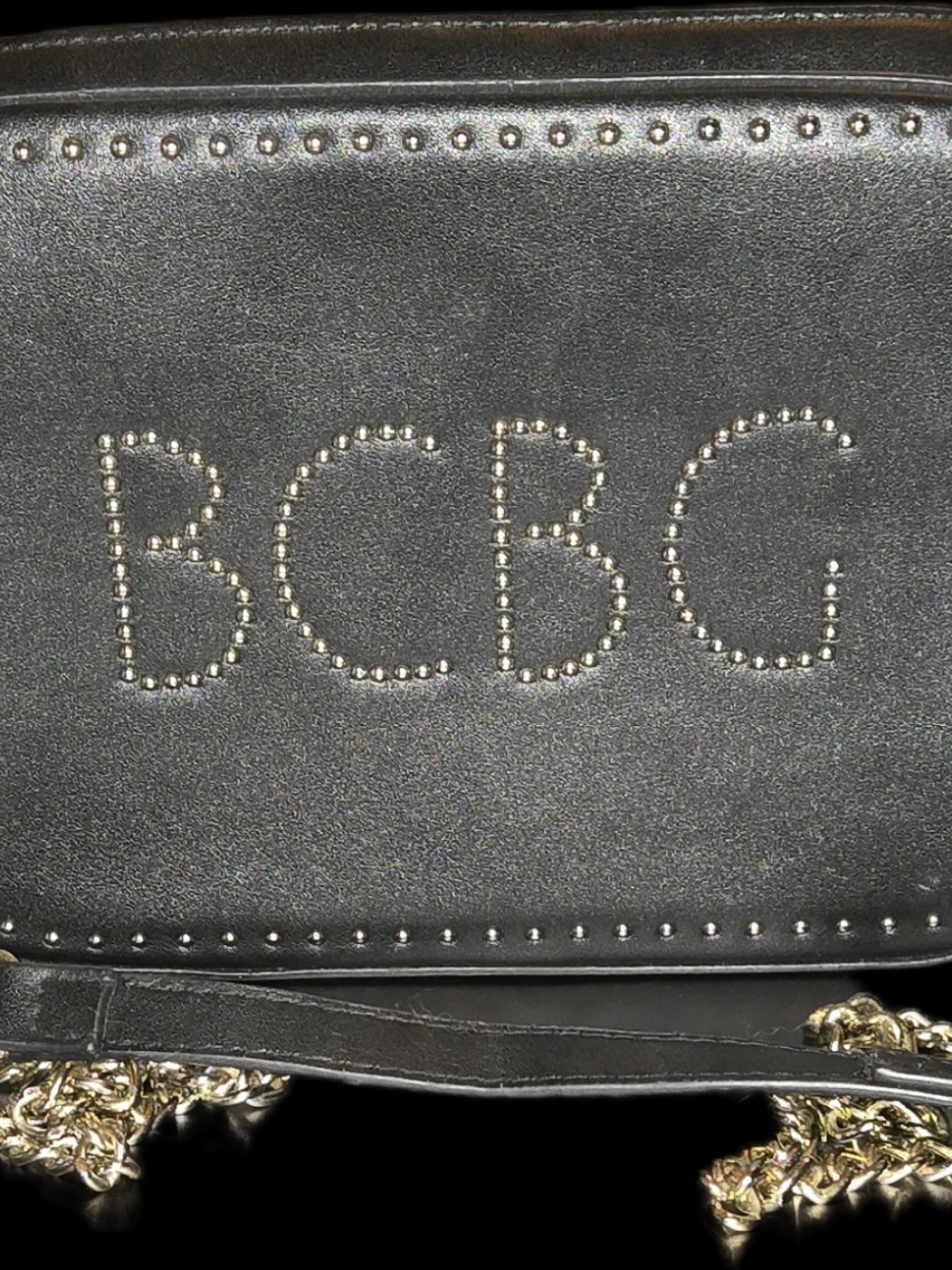 BCBG Black Leather Shoulder Bag with Studded Logo and Gold Chain 9x6.5x2.75"